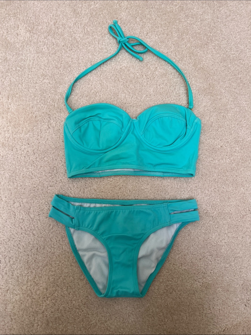 Women's Turquoise Bikini Set - Strap Tie Top and Hipster Bottoms